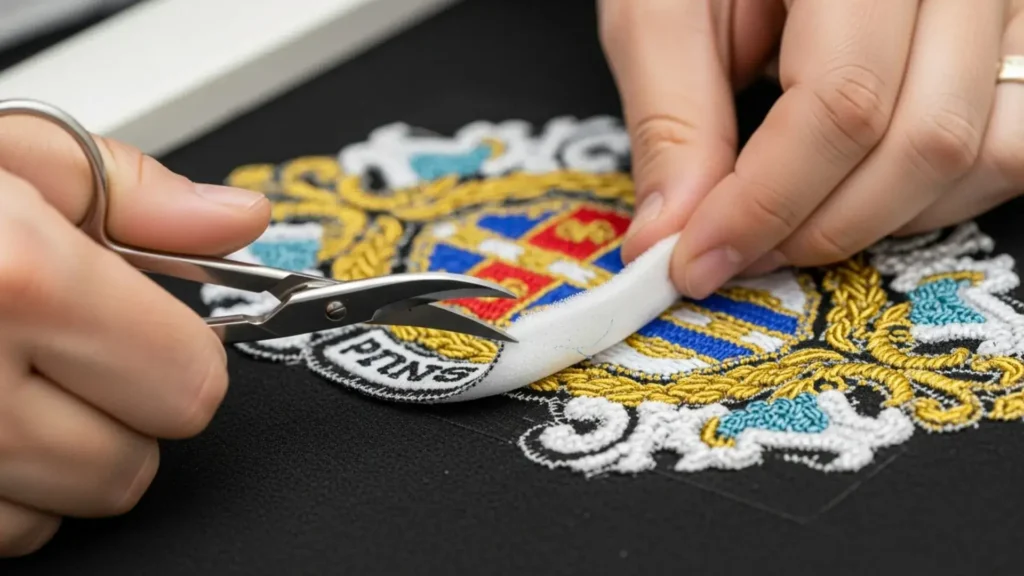 Hands cutting fabric near embroidery