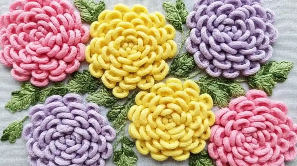 3D Flower Embroidery Stitches with Bullion or Cast-On Loops