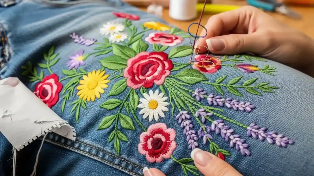 Ricamo di fiori e disegni complessi su denim