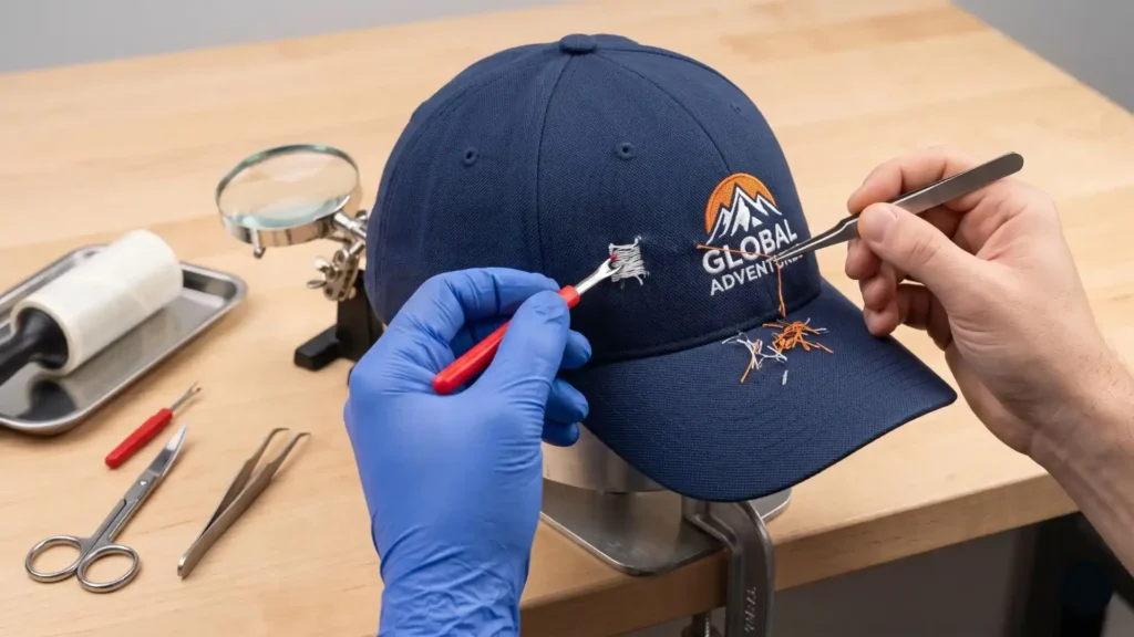 Ripping Stitches Safely from Structured Caps with Embroidered Logo Customizations